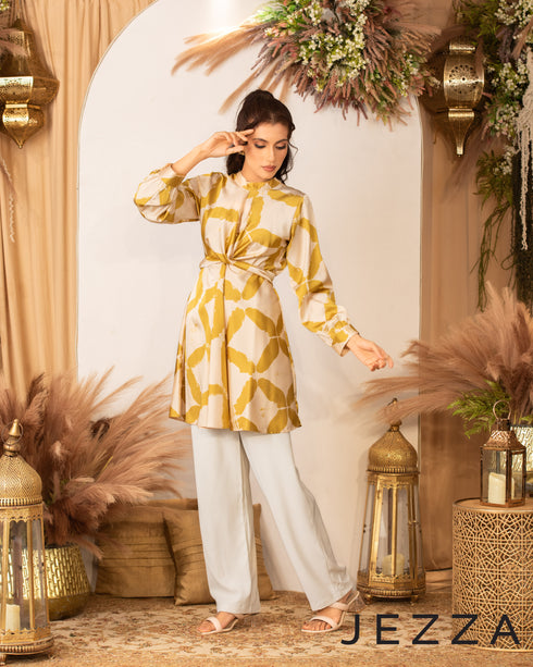 Printed Satin Mandarin Collar Top 61451